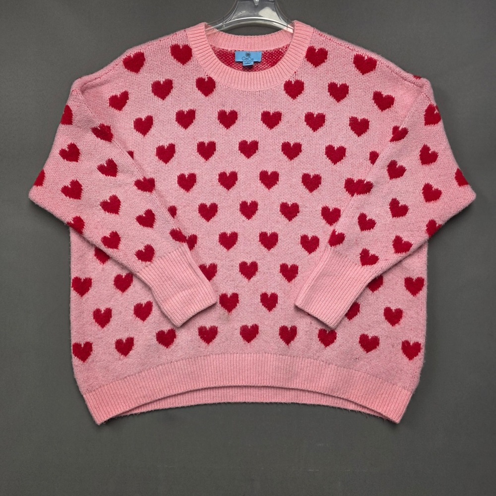 CeCe Sweater Women's Heart Print Crewneck Knit Pink Large